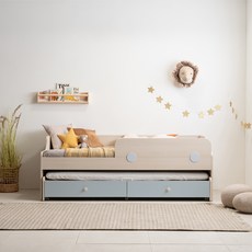 리바트 꼼므주니어 자녀가구 2단 슬라이딩 수납침대 + 가드 + 매트리스 세트 방문설치, 내추럴 + 블루