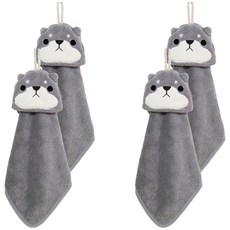 擦手巾 灰色柴柴 珊瑚絨吸水速乾掛式擦手巾 可愛造型廚房浴室毛巾, 4條