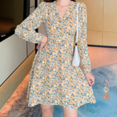 MeiChel V領碎花迷你喇叭連衣裙, 黃色的