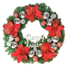 摩達客 耶誕浪漫朵朵豪華聖誕花圈福臨圈, 24吋(59cm), 綠色 + 銀色 + 紅色, 1件