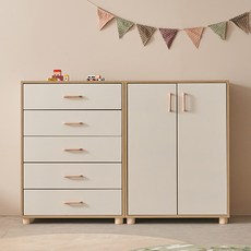 마마룸 아임 800 옷장 + 아임 800 5단 서랍장 세트 (원목발 포함) 방문설치, 크림화이트