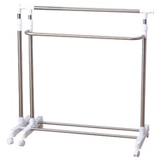雙手萬能 不鏽鋼可延伸單桿雙層活動衣架 - 長度/高度可伸縮, 附滾輪, 長95~162 x 寬42 x 高96~172cm, 不鏽鋼 銀色