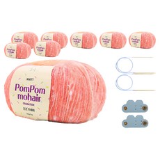 Knitt 絨球馬海毛毛線 50g 4入 + 5mm輪針 + 纜繩固定器組合, 2個, 01 珊瑚色(毛線)