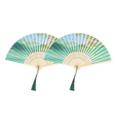 Boorepick 清涼傳統水墨畫竹製禮品折扇, 懷舊綠, 2個