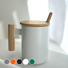라운드 우드 손잡이 고급 머그컵 380ml + 뚜껑 세트, 화이트, 1세트