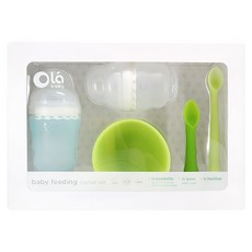 Olababy 小幼苗 新生哺育5件禮盒 Set 耐熱220°C 可蒸氣及煮沸消毒 柔軟親膚大面積, 奶瓶240ml + 奶瓶120ml + 訓練湯匙 + 餵食湯匙 + 蒸碗, 晴空藍, 1盒