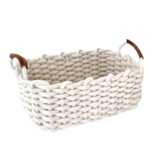 編織收納籃 棉繩編織 環保材質 防潮防霉 大容量 衣物收納 升級皮革提把, 奶霜白, 1個