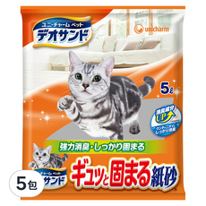 Deo Sand 瞬間消臭紙砂, 小顆粒材質 快速結團 強力消臭 5L, 無香, 5包