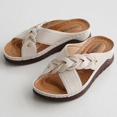 dangolunni 女性Voming扭結圖案寶石裝飾X型交叉帶拖鞋, 米色, 235