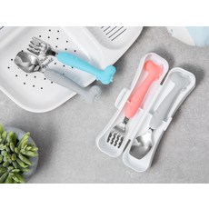 BUSYANGEL 矽膠叉子湯匙餐具盒組, 混色, 叉子2入+湯匙2入+餐具盒2入