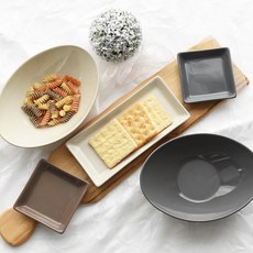 PRELUDE 素色寬口餐碗+方形餐盤組, 1套, 寬碗象牙+木炭+方盤象牙+木炭+巧克力, 象牙白+炭灰色+巧克力色