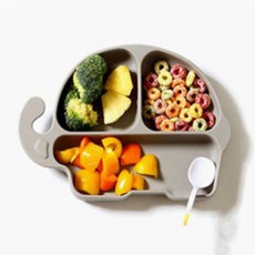 Petit Bebe 大象造形矽膠吸盤餐盤, 淺灰色, 餐盤+袋子