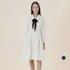 kenneth lady 女士蝴蝶結領粗花呢洋裝, 象牙白