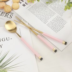 Bogen 孩童方柄雙色金屬匙筷組, Pink, 湯匙+筷子, 1組