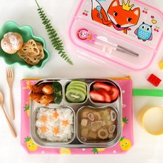 動物印花餐盤便當盒餐具組, 粉色, 餐盤+餐具便當蓋+便當袋+矽膠圈, 1組