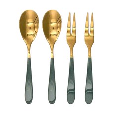 Caldo卡朵生活 極美不鏽鋼甜品水果叉勺, 叉子 + 湯匙, 森林綠金色, 1組