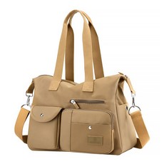 純色時尚大容量斜挎手提女包, 尼龍面料, 防潑水, 多格收納袋, 34 x 15 x 31cm 提把46cm, 卡其色