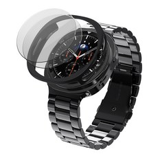 KANTAM Galaxy Watch Classic 金屬錶帶 保護殼 鋼化玻璃 2件組, 黑色, 1套