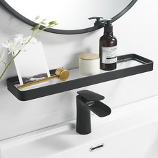 mootagonglivingmarket 免鑽孔強化玻璃浴室一字型層架 + 黏著劑, 黑色, 1個