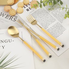 Bogen 孩童方柄雙色金屬匙筷+叉子組, Yellow, 湯匙+筷子+叉子, 1組