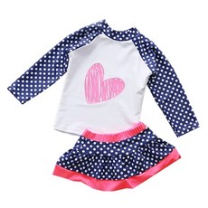 女童長袖防曬泳衣套裝, 2XL, 愛心點點