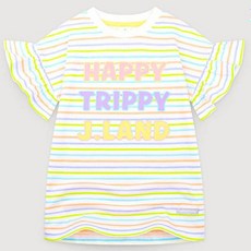 JELISPOON 女童款Happy Trippy條紋印花荷葉邊短袖長版T恤