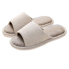 I Love Home 條紋亞麻室內拖鞋, 棕色, 1雙