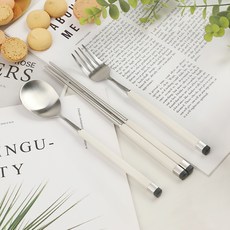 Bogen 孩童方柄雙色匙筷+叉子組, White, 湯匙+筷子+叉子, 1組