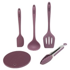 QUEEN SENSE Hekins 矽膠廚具5件組, 湯勺 + 鍋鏟 + 刮刀 + 料理夾 + 鍋墊, 1套, 紫色