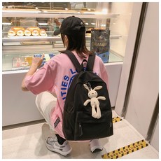 SORIDAL 女用玩具風素色日常兔子玩偶吊飾後背包, 黑色