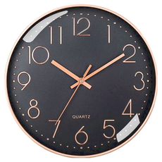 北歐靜音石英掛鐘 時尚 12英寸 ABS錶盤 高透光玻璃鏡面, 黑底玫瑰金