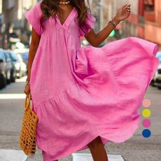 아뗄릭 루즈핏 러플 셔링 롱 린넨 통기성 원피스 00041 빅사이즈 포함