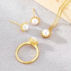 노이드비 여성용 심플 펄진주 목걸이 + 귀걸이 + 반지 세트