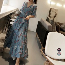 ViVEMO 女款V領荷葉邊印花長版連身裙 00121, 灰色的