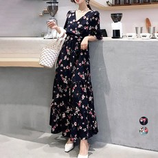 ViVEMO 女款V領荷葉邊印花長版連身裙 00121, 海軍