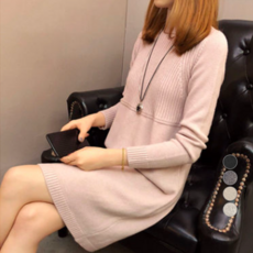 女款圓領半高領中長款套頭針織連身裙, 粉紅色