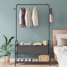 mohe 木暉居家 北歐風落地式三層晾掛衣帽架 三層+布套款, 黑色