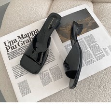 라블 여성용 에나멜 유광 스퀘어 뮬슬리퍼