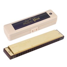 DABell Band 21Gold口琴 C Key No.1007, 蓋子（金色），機身（淺棕色），外殼（黑色）