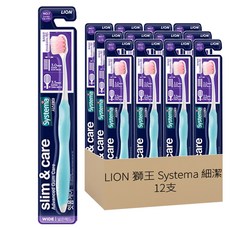 LION 獅王 Systema 細潔護齦軟毛寬頭牙刷 專利設計細長 仔細清潔口腔深處, 12支, 1組