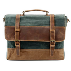 過蠟防潑水帆布配頭層瘋馬牛皮男士肩背手提包/公事包 CLB03, 湖綠色, 1個