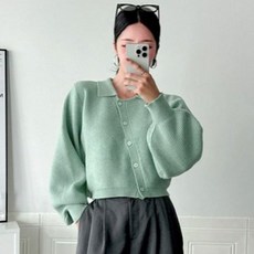 KnitNJean 女款寬鬆彈性羅紋不對稱鈕扣翻領泡泡袖針織Aribeul開襟衫