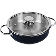 QUEEN SENSE IH爐適用不鏽鋼雙耳淺湯鍋+玻璃鍋蓋, 黑色, 24cm