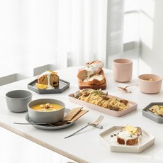 ssueim Mariebel雙人用陶瓷碗盤餐具組, 淺粉紅+藍灰色, 6種, 1組