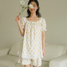 파란 여성용 통기성 스퀘어넥 파인애플 잠옷 세트