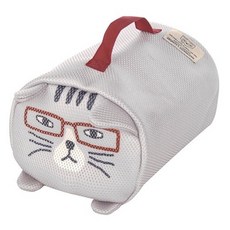 kUSUgURU JAPAN 日本眼鏡貓 洗衣收納袋 圓柱立體造型萬用收納 S號, NEKOZAWA貓澤系列 灰色 + 紅色, 1個