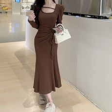 PEONIST 女款泡泡袖抓皺魚尾長洋裝, 棕色