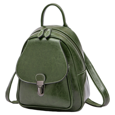 真皮油蠟牛皮女士小型雙肩包/後背包, 插釦+拉鍊, 手提/肩背/後背, 綠色, 27 x 22 x 9.5cm