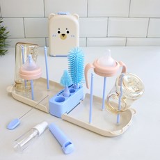 ON LIVING 嬰幼兒用便攜式奶瓶晾乾架 + 清潔刷組, 便攜盒+支架6入+奶瓶清潔刷+奶嘴清潔刷+吸管刷+洗滌劑分裝空瓶, 粉藍色