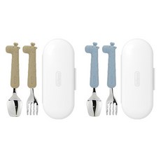 Edison 嬰兒矽膠勺叉盒 2 件套, 長頸鹿款(米色)+長頸鹿款(藍色), 湯匙+叉子+盒子, 2組